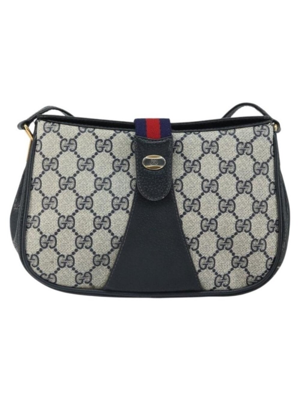 Authentic GUCCI GG Supreme Sherry Line Shoulder Bag PVC Navy Gold - Picture 5 of 16